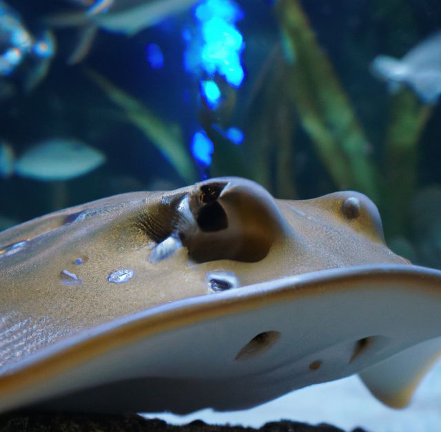 Close-up of stingray gliding underwater, highlighting intricate details and texture. Suitable for use in educational content on marine biology, aquarium posters and ocean life exhibitions.