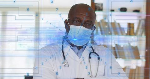 Healthcare Professional Wearing Mask and Stethoscope with Futuristic Medical Data Overlay
