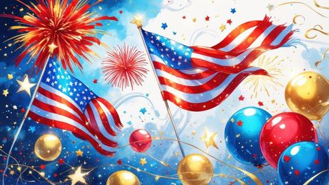 Festive patriotic celebration with waving american flags and fireworks