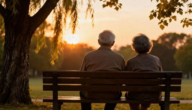 Senior couple sitting on park bench at sunset watching golden hour, companionship, serenity