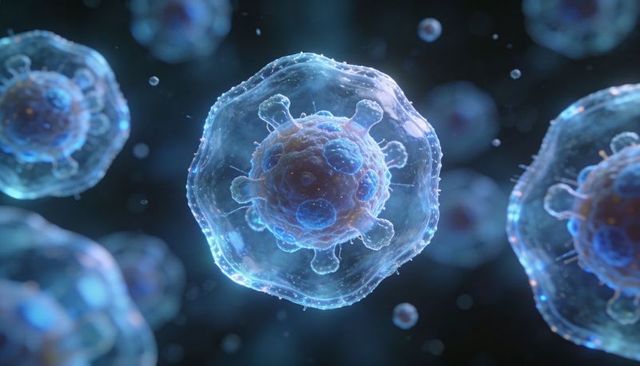 Glowing cyan viral particle with lipid envelope and spikes, biomedical microscopic 3d render