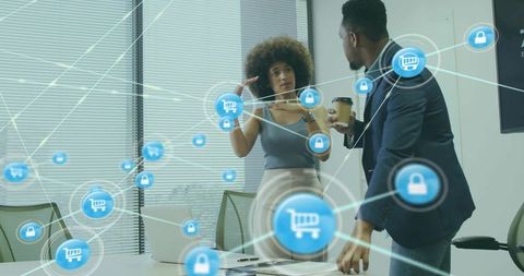 Business team discussing ecommerce security strategy with connected cart and lock icons