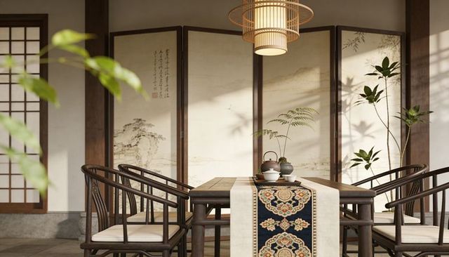 Serene east asian tea room with wooden table, patterned runner, teapot and folding screen