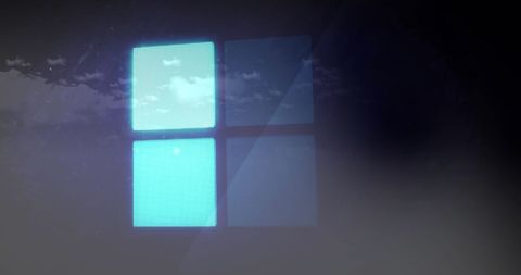 Glowing Blue Squares with Digital Cloudy Sky Backdrop