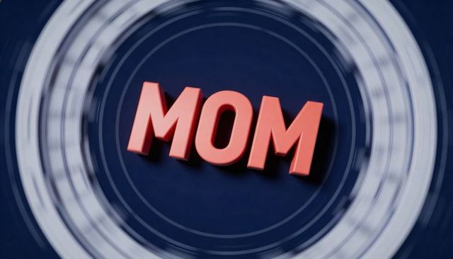Glossy 3d mom letters celebrating mother milestone with rotating radial rings on navy
