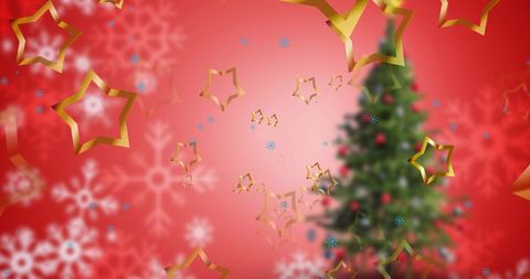 Golden Christmas Stars with Festive Tree on Red Background