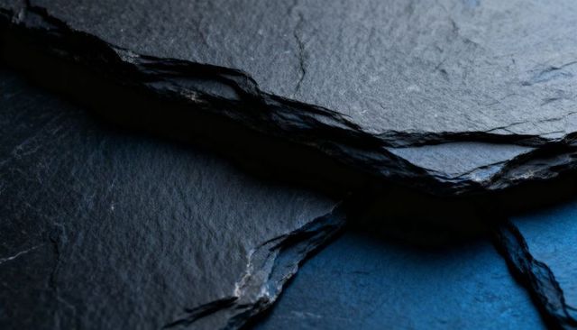 Stacked slate slabs with cleaved edges and textured lamination in cool blue light