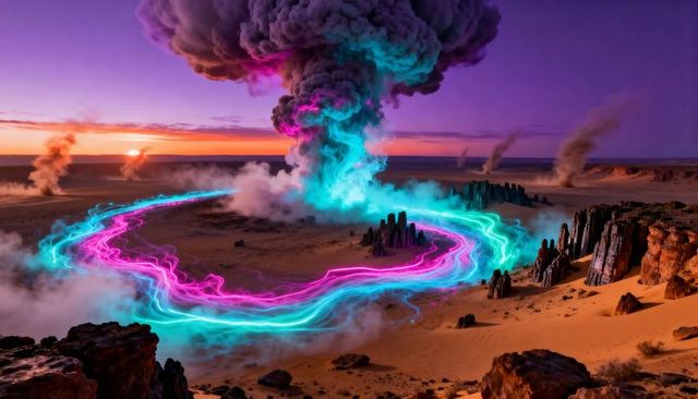 Neon energy ribbon snaking through desert plateau with glowing smoke column at dusk