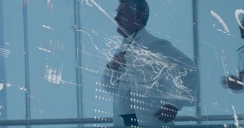 Senior executive walking and adjusting tie with futuristic holographic global map overlay