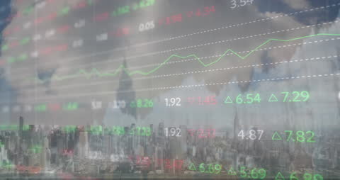 Digital Stock Data Overlay on Urban Skyline