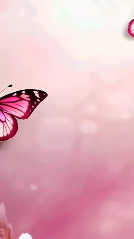 Pink butterfly fluttering toward plumeria on soft pink gradient vertical video copy space
