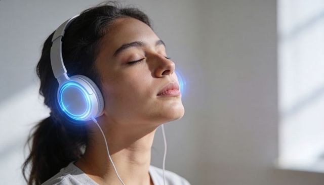 Young woman listening with led headphones, eyes closed, sunlit calm portrait for wellness