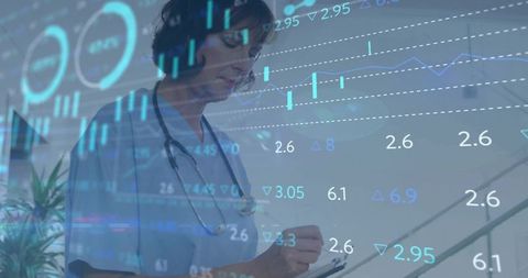 Healthcare Professional Analyzing Data with Financial Technology Overlay