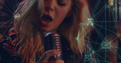 Female vocalist singing into vintage microphone with teal digital network overlay