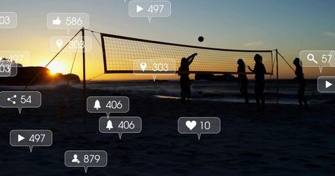 Sunset Beach Volleyball Silhouettes with Social Media Overlays Portraying Teamwork Lifestyle