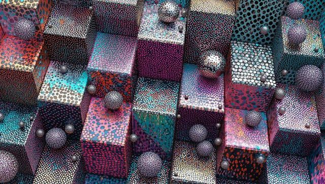 Patterned cubic grid featuring dotted faces, iridescent gradients and metallic spheres