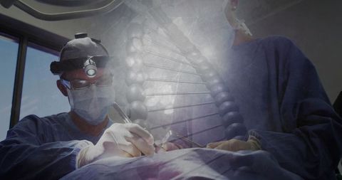 Surgeons performing precision surgery with dna helix overlay representing genomic medicine