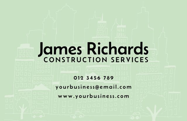 Perfect for construction businesses looking to showcase their services. The card has a professional and elegant design featuring a cityscape background. Includes contact details crucial for networking events, trade shows, and client meetings. Ideal for business professionals aiming for a modern and sophisticated brand image.