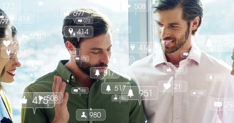 Business team collaborating with social media analytics overlays on urban office window