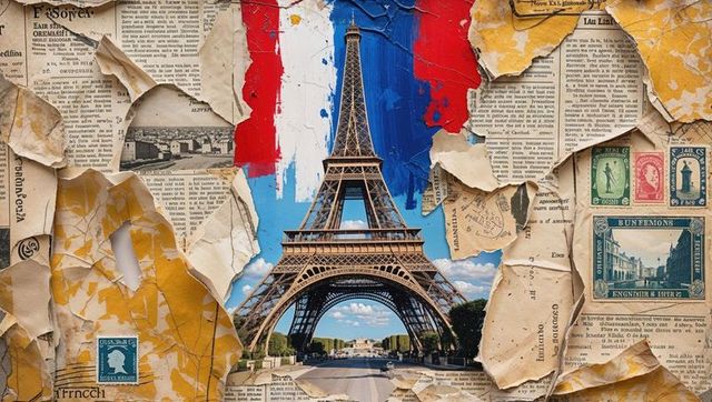 Eiffel tower with vintage newspaper and french flag collage