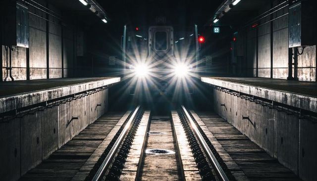 Commuter train approaching underground platform with bright headlights revealing tracks