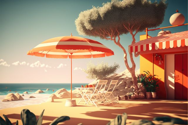 Relaxing Beach Scene with Chairs and Umbrella under Sunny Sky - Download Free Stock Images Pikwizard.com