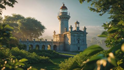 Historic Lighthouse Amidst Lush Greens Glowing in Morning Sun