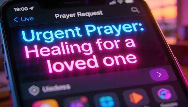 Displaying neon urgent prayer request on smartphone screen for healing loved one