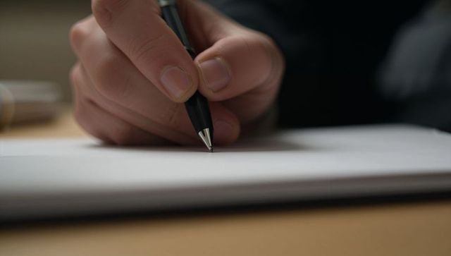 Closeup Right Hand Signing Business Document with Black Ballpoint Pen on Wooden Desk