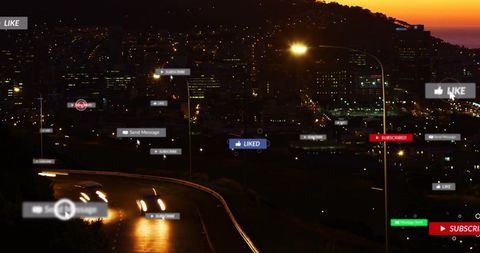 Global data network overlay on cityscape at dusk