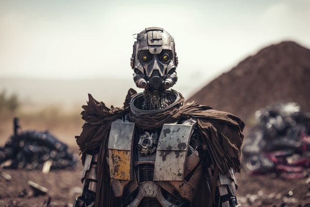 Humanoid robot candidly posing in a desert terrain filled with scrap metal and debris, evoking a cyberpunk and post-apocalyptic atmosphere. Perfect for illustrating futuristic and dystopian concepts in science fiction stories, game design, or technology-focused relevant projects.