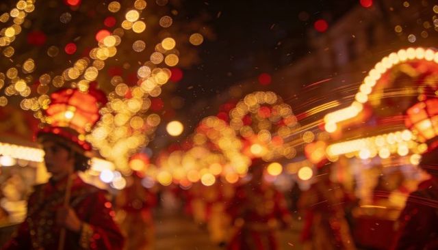 Night parade performer wearing illuminated tall hat and red costume with bokeh lights
