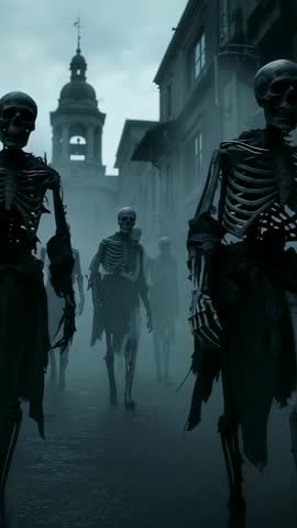Skeletons Marching Through Foggy Gothic Street, Emerging from Mist Toward Camera