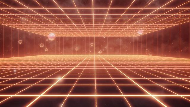 Retro neon grid corridor converging to central vanishing point with floating orbs
