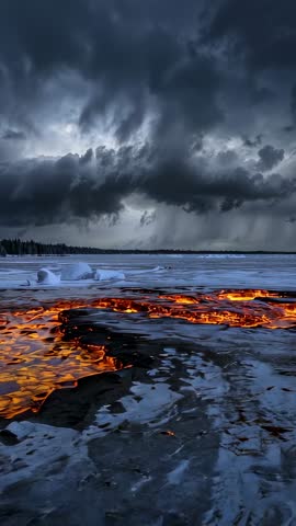 Pulsing molten fissures revealing glowing lava through frozen shoreline under storm clouds