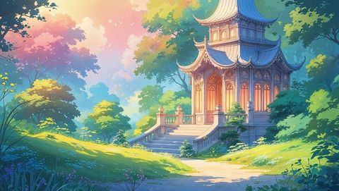 Serene anime pavilion in vibrant forest at sunset