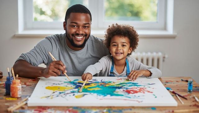 Smiling father and daughter painting vibrant abstract canvas together family bonding