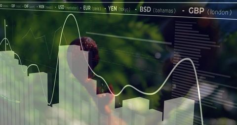 Translucent financial charts overlaying park greenery with currency ticker and phone user