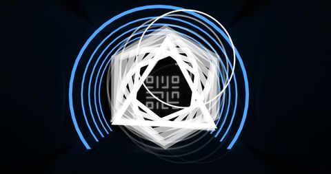 Glowing qr code amid neon geometric shapes