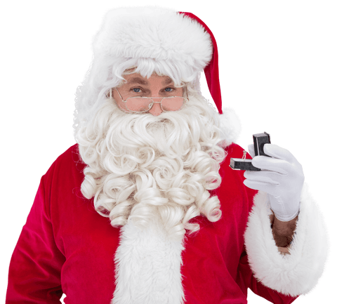 Cheerful santa holding transparent jewelry box offering gift
