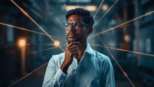 Pondering entrepreneur studying future tech in industrial warehouse with dynamic light trails