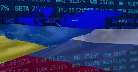Financial Data Overlay on Russian and Ukrainian Flags