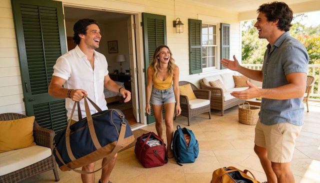 Laughing friends greeting arriving travelers on sunny porch with duffel bags and backpacks