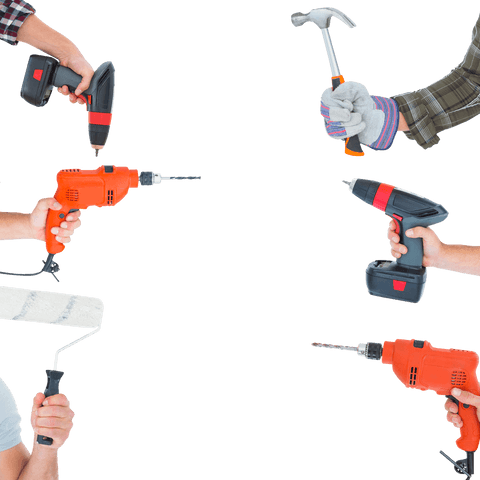 Hands holding tools with copy space on transparent background
