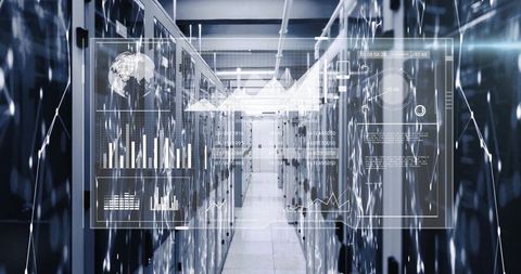 Futuristic Data Center with Digital Interfaces and Server Racks