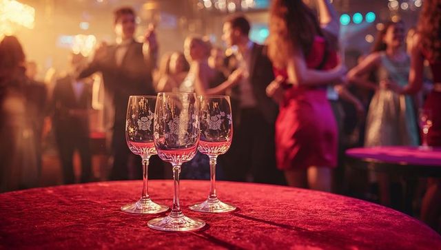 Elegant wine glasses on velvet table at opulent party
