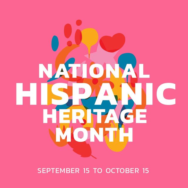 This graphic design celebrates National Hispanic Heritage Month featuring vibrant, colorful scribbles on a pink background. Text highlights the event period from September 15 to October 15. Perfect for use in social media posts, event announcements, digital banners, and educational materials to promote awareness and pride in Hispanic culture.