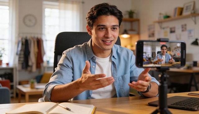 Young content creator recording vlog in home office with smartphone on tripod for social