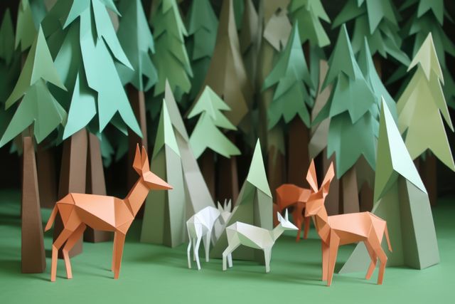 Beautifully crafted paper art showcasing a forest scene with origami deer figures surrounded by green trees. Ideal for use in arts and crafts publications, or as a visual aid for educational projects about wildlife and creative hobbies. Perfect for meeting presentations on creativity, crafting, and nature-themed backgrounds.