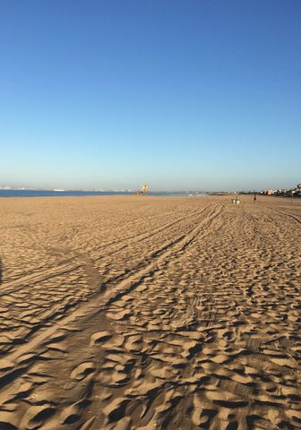 Empty Sandy Beach Stretching to Lifeguard Tower under Clear Blue Sky at Sunrise